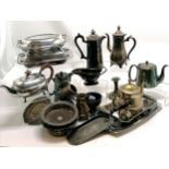 Qty of silver plated wares inc 2 tureens (largest 28cm x 20cm), crumb scoop, Indian tea set (lid