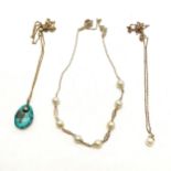 3 x 9ct gold necklaces (turquoise in a silver mount and chain a/f, mock pearl and panel design,