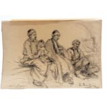 Pencil drawing of 3 middle eastern gentlemen + a boy bearing the signature L Deutsch - 25.5cm x 38cm