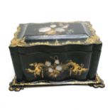 Antique papier mache tea caddy with mother of pearl & handpainted decoration - 24cm x 16cm x 12cm