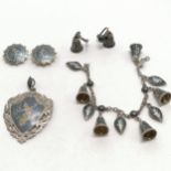 Siamese silver niello jewellery inc pendant (6cm drop), clip-on earrings, screw back bell earrings