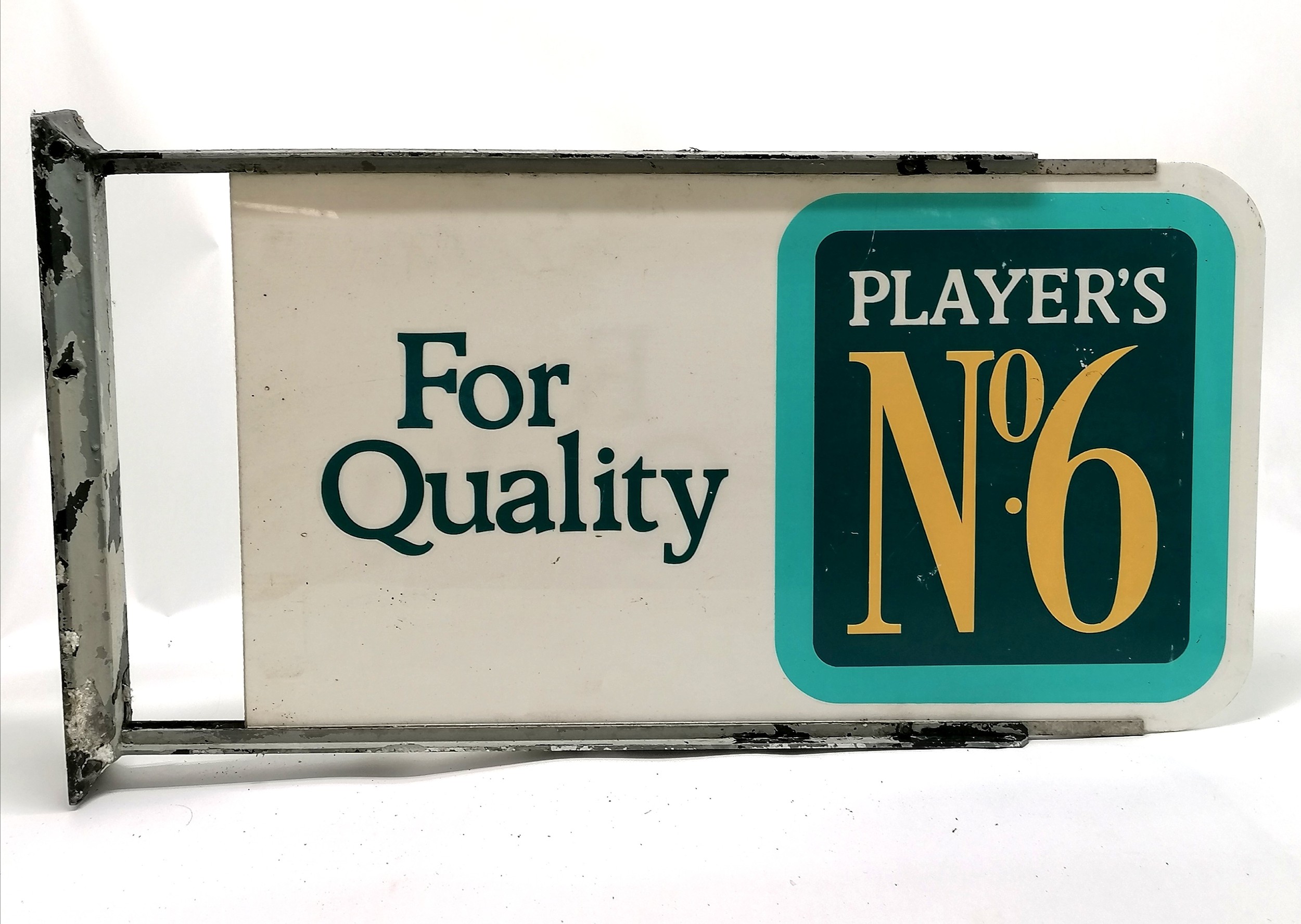 Original Player's No 6 aluminium framed plastic advertising sign - 73cm x 37cm with slight losses to