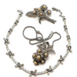 Impressive silver hallmarked marcasite & mock pearl necklace (35cm) & brooch in floral form (total