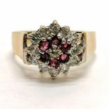 9ct hallmarked gold red & white stone cluster ring - size Q½ & 3.5g total weight ~ slight a/f