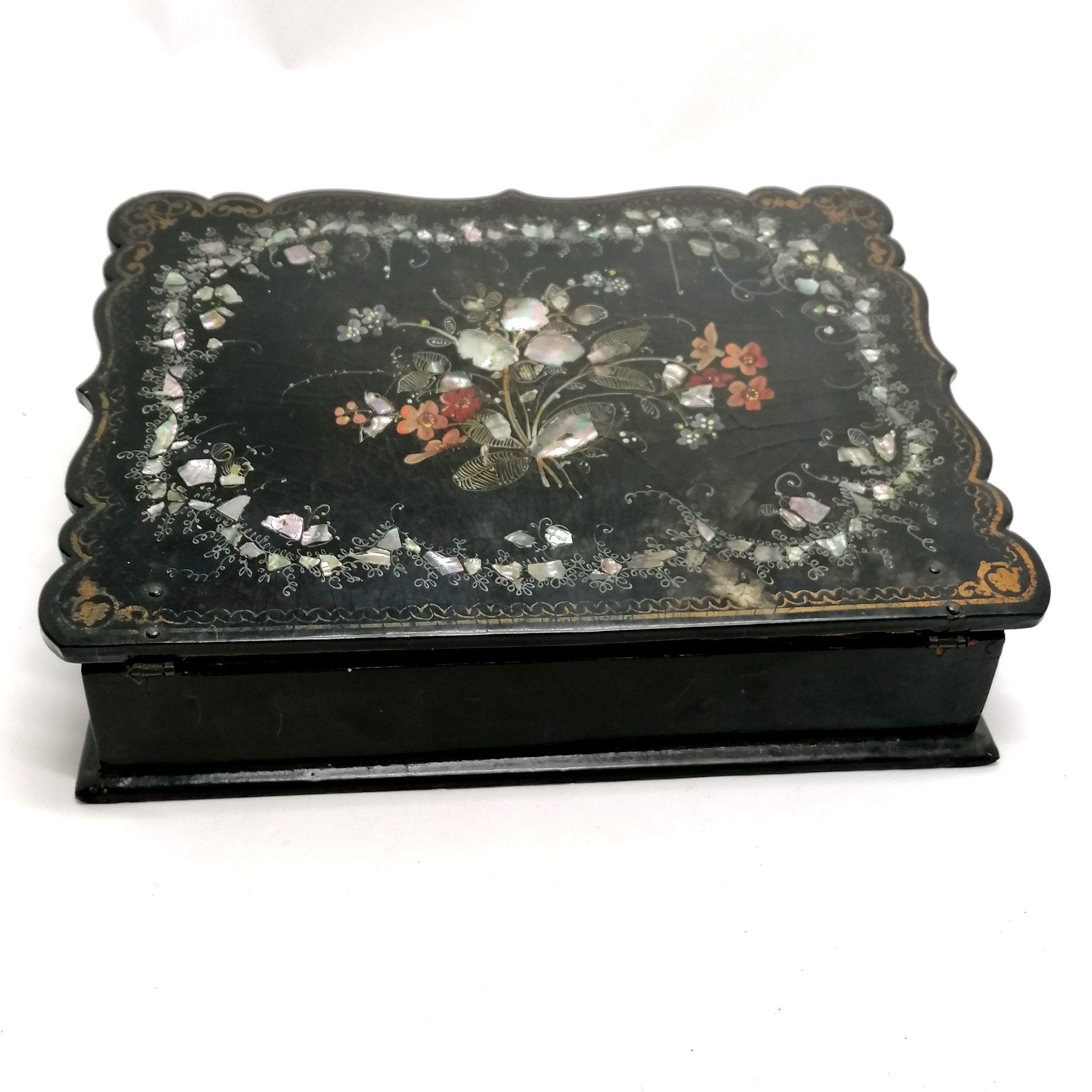 Antique papier mache writing slope with mother of pearl & handpainted decoration to lid with gilt