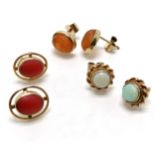 3 x pairs of 9ct gold earrings inc amber, opal & antique coral - total weight 6.3g - SOLD ON