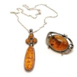 Silver amber pendant on 36cm chain t/w silver (925) amber brooch (4cm across) ~ total weight 28g &