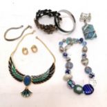 Egyptian style gold tone enamel necklace, Stilen bangle, Monet earrings & bracelet, trumpet flower