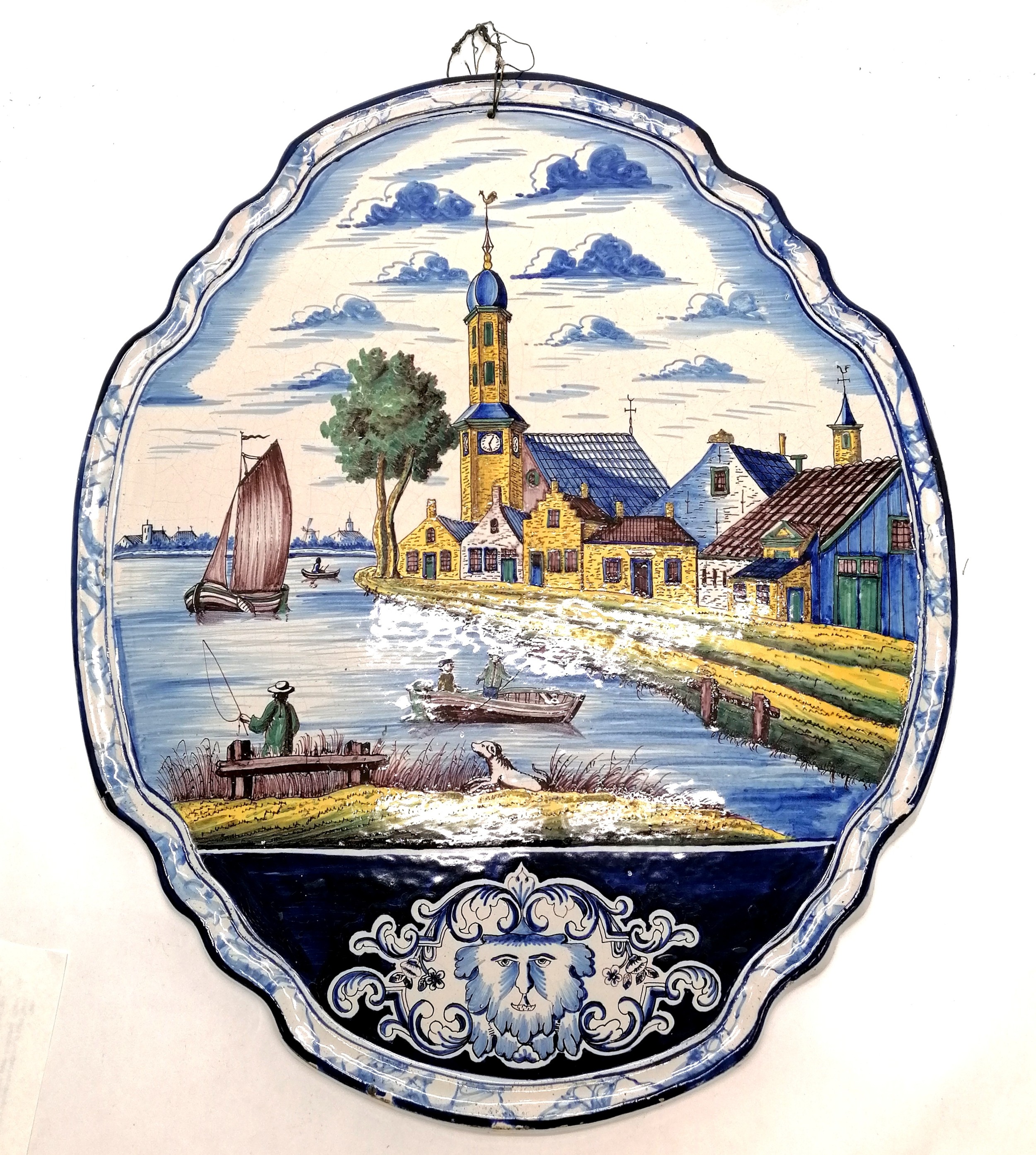 Large antique Dutch Delft polychrome wall plaque (has date ? 1758 on the reverse) - 47cm x 56cm ~