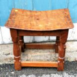 Robert 'Mouseman' Arts and crafts oak stool with dished elm seat 39cm x 27cm x 36cm high. Has old