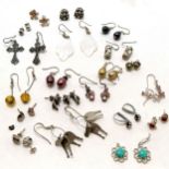 19 x pairs of silver marked earrings inc horse, pig, large cross (1 a/f), baroque pearl etc + 2