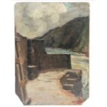 Oil painting on board of a coastal scene signed ES - 35cm x 25cm ~ missing 2 corners