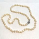 62cm strand of pearls with a 750 white gold clasp set with a blue stone - missing a claw - SOLD ON