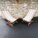 Pair of antique rocking deck chairs by 'Castle Woodcrafts, Helmsley' in good used condition with