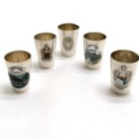 5 x German 800 silver drink spirit tots - 4 with enamel detail (2 a/f) - 4.2cm high & total weight
