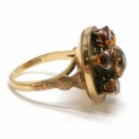 Antique 9ct marked rose gold Scottish citrine set cluster ring with thistle detail to shoulders -