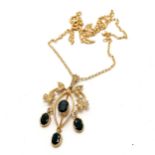 Art Nouveau design 9ct hallmarked gold pendant set with sapphires & seed pearls (3.5cm drop) on a