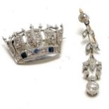 Diamond & blue stone set naval crown brooch in unmarked platinum dated on reverse May 15 1941 t/w