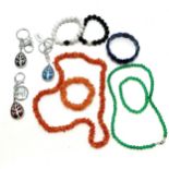 Qty of jewellery & unused tree stone set keyrings inc lapis bangle, green beads with a silver