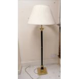 Vintage brass column standard lamp with japanned detail & shade - total height 164cm