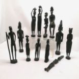 12 x hand carved African wooden figures - tallest 37cm ~ some losses