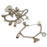 2 silver charm bracelets - 1 is a double strand both with charms inc coins - total weight 90g