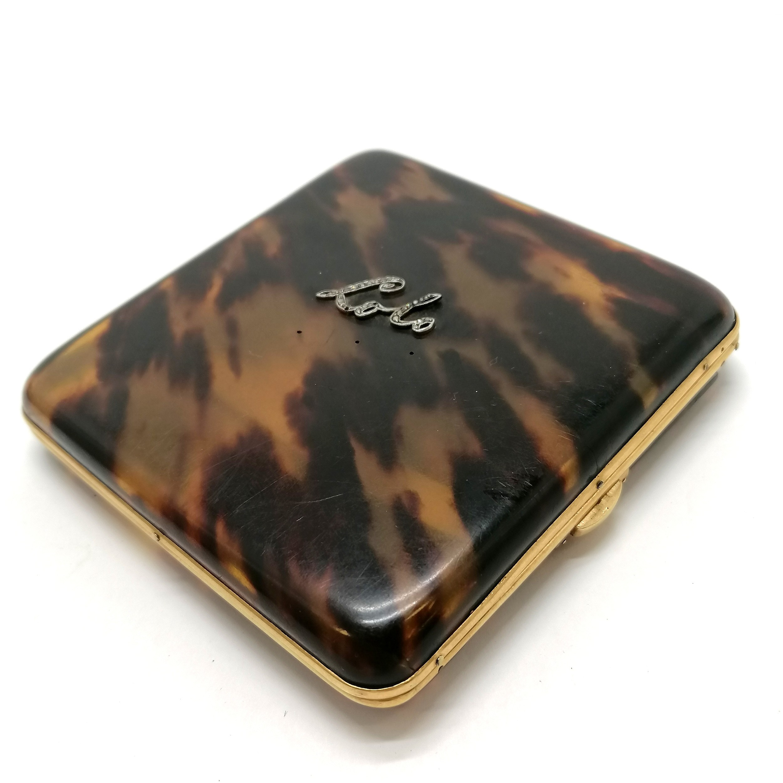 Antique 18ct marked gold mock tortoiseshell cigarette case (a/f to reverse with losses) with diamond - Image 3 of 3