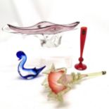 Murano glass duck (11.5cm high), Whitefriars red spill vase , art glass dish (36cm) & antique