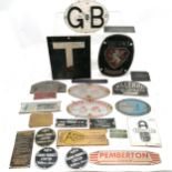 Collection of vintage vehicle plates inc AA GB, Greens griffin, caravan plates + a consonant (T) etc