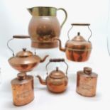 Large copper & brass jug - 29cm high & 19cm diameter top t/w 3 x brass & copper kettles, pair of tea