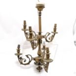 Antique 6 arm gilt brass ceiling light - 54cm drop