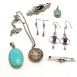 Qty of silver jewellery inc Cyprus CAO locket on chain, large amethyst earrings (5cm drop), stone