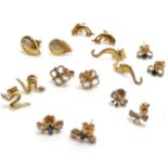 8 x pairs of 9ct gold earrings inc seahorses, dolphins, snake etc - some are stone set inc