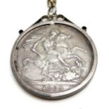 1889 GB QV crown in a silver mount on a metal chain - total weight 39g - SOLD ON BEHALF OF THE NEW