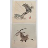 2 x original Japanese paintings of a (menacing) eagle & a pair of geese - 24cm x 25cm