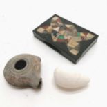 Antique oil lamp (8cm long & old losses to spout), alabaster egg, Victorian pietra dura desk