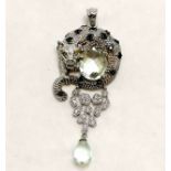 Silver multi-stone set leopard pendant - 5.5cm drop & total weight 9.2g