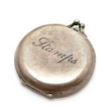 Antique silver hallmarked circular postage stamps box - 3.5cm diameter & 14.2g - slight dents to