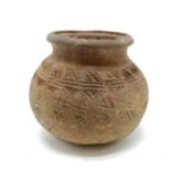 Antique (10th - 12th century) Cambodian pottery vessel with incised decoration - 13cm high & no