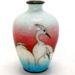 Oriental cloisonne vase with bird decoration. 7cm high. Has detatched base and a tiny flaw under the