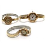 3 x 9ct gold cased ladies mechanical wristwatches all on gold plated stretchy straps - total