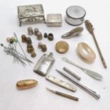 Qty of mostly sewing related items inc silver thimble, shoe pin cushion, sewing egg etc