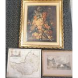 Framed Robert Morden antique map of Somersetshire, continental watercolour & oleograph of flowers by
