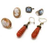 Pair of antique carved coral (with rose terminals) drop earrings with replacement wires - 4cm drop &