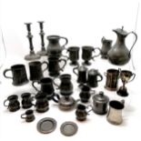 Qty of mostly antique pewter ware inc tobacco cannister (with weight), 2 x small lidded tankards,