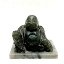 Oriental Chinese hand carved hardstone green seated buddha on a spinach stone base - 6cm high x