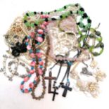 Qty of mostly necklaces inc rose quartz, mock pearl, glass bead etc t/w rosary, cross etc - SOLD