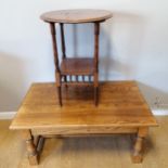 Oak coffee table 100cm x 60cm x 45cm high t/w Mahogany circular side table with shelf 48cm