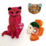 3 x Lea Stein brooches - sitting fox, fox head & ladies head - SOLD ON BEHALF OF THE NEW BREAST