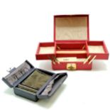 2 x vintage leather covered jewellery boxes - largest red box 14.5cm x 12cm x 6cm has original key &
